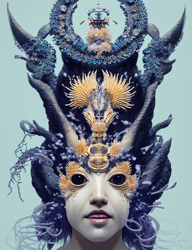 Image similar to 3 d goddess close - up portrait with crown, ram skull. beautiful intricately detailed japanese crow kitsune mask and clasical japanese kimono. betta fish, jellyfish phoenix, bioluminescent, plasma, ice, water, wind, creature, artwork by tooth wu and wlop and beeple and greg rutkowski