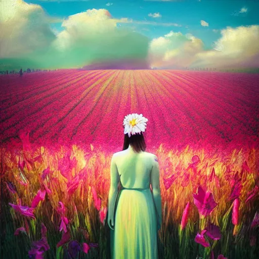 Image similar to giant gladiola flower as head, full body girl standing in a flower field, surreal photography, sunrise, dramatic light, impressionist painting, colorful clouds, digital painting, artstation, simon stalenhag