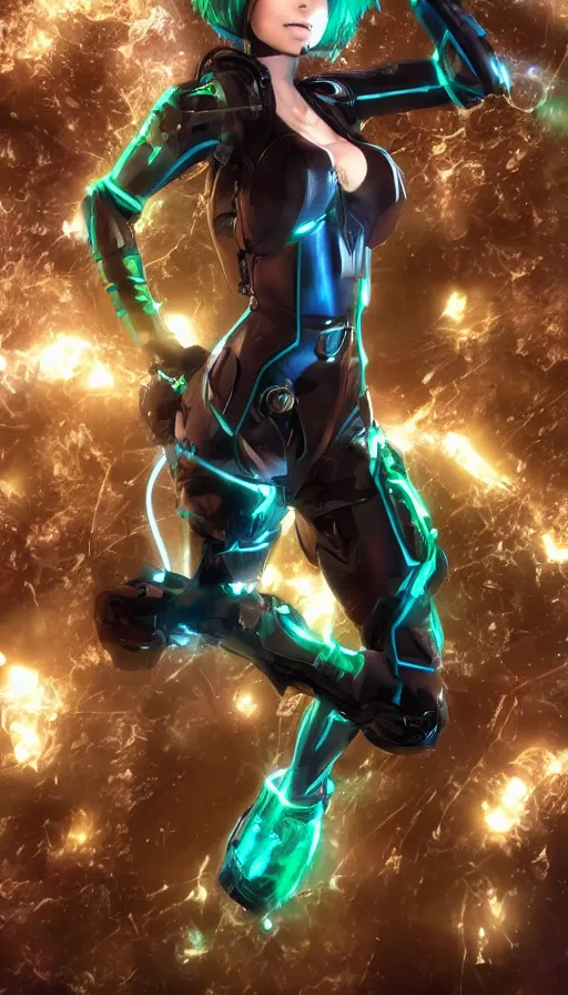 Image similar to render beautiful 3 d anime woman with short brown hair, heterochromia, blue eye and green eye, sci fi glowing bodysuit with mechanical boots, heavy makeup, short smile, cinematic lightning, highly detailed, trending on artstation, unreal engine 4 k, blender, cinematic color grading