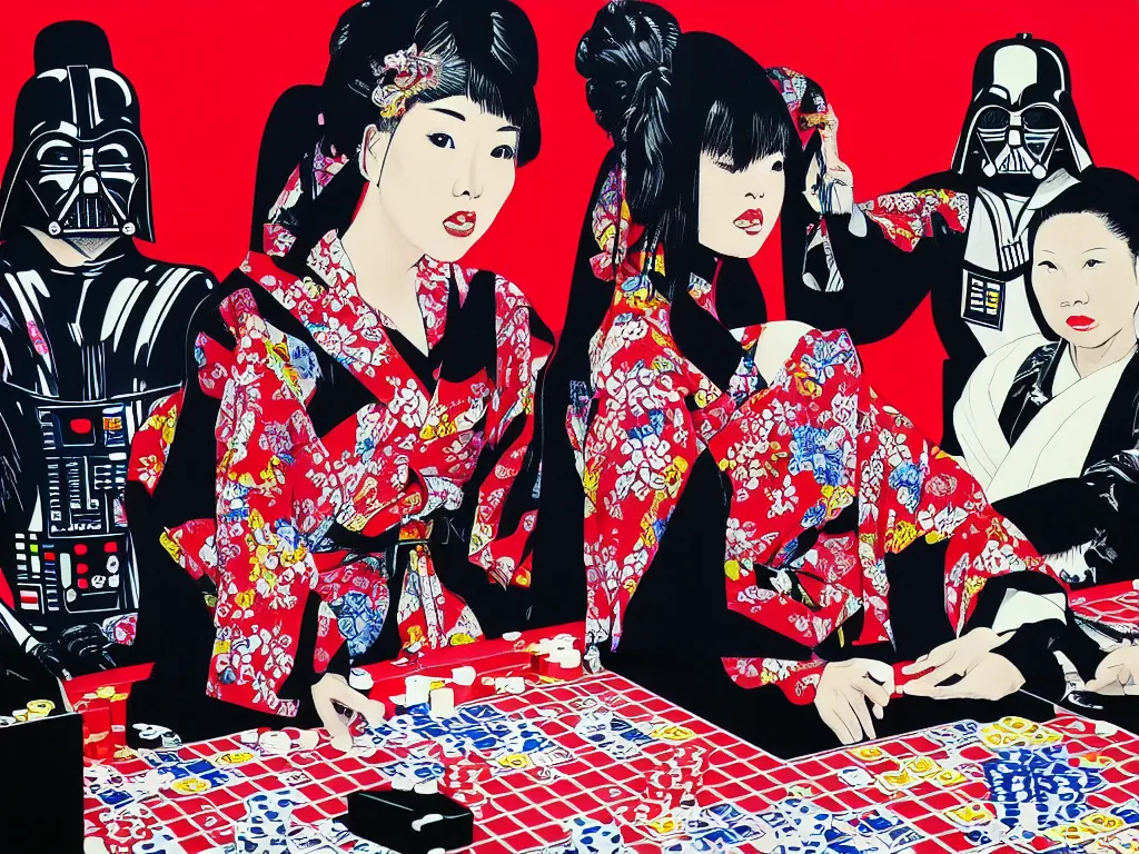 Image similar to hyperrealism composition of the detailed woman in a japanese kimono sitting at an extremely detailed poker table with darth vader, fireworks on the background, pop - art style, jacky tsai style, andy warhol style, acrylic on canvas