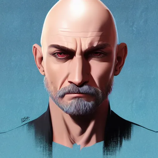 Image similar to portrait from a handsome masculine balded wizard by artist kuvshinov ilya