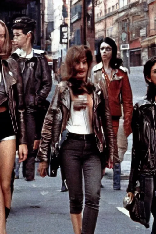 Image similar to attractive young woman, center focus, wearing leather jacket, in city street, film still from martin scorcese's taxi driver ( 1 9 7 6 )