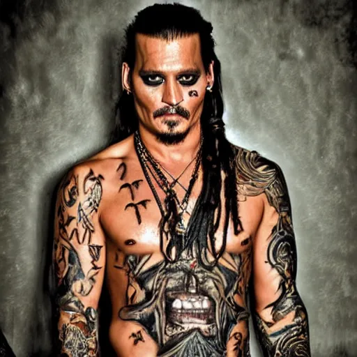 Image similar to portrait of johnny depp as khal drogo from games of thrones, mascular, broad shoulder, tattooed body, six packs, symmetrical, nikon 3 5 mm photography, ultrarealistic