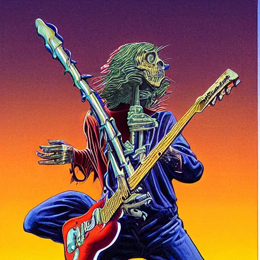 Prompt: a boy with a guitar being pulled to the heavens by skeletal angel. 8 0's artwork by moebius and greg hildebrandt