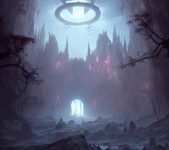 Prompt: set in a small town, a demonic magical ethereal portal!!! to hell. dark matte painting by noah bradley and raphael lacoste and ruan jia and marc simonetti