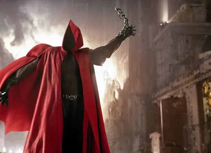 Image similar to film still of jamie foxx as spawn in the new spawn movie, giant chains, large cape, 8 k