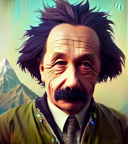 Image similar to Highly detailed portrait Einstein in GTA V, Stephen Bliss, unreal engine, fantasy art by Greg Rutkowski, Loish, Rhads, ferdinand knab, Makoto Shinkai and Lois van baarle, ilya kuvshinov, rossdraws, Tom Bagshaw, global illumination, radiant light, detailed and intricate environment