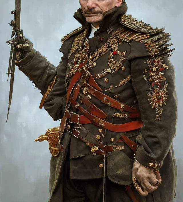 Image similar to portrait of a polish man wearing a traditional nineteenth century military jacket, inspired by the winged hussars, metal shoulder pauldrons, highly detailed, digital painting, artstation, concept art, sharp focus, cinematic lighting, illustration, art by artgerm and greg rutkowski, alphonse mucha, cgsociety