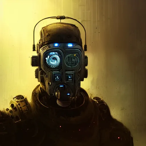 Image similar to a rugged social engineer man with cybernetic enhancements, detailed mask, scifi character portrait by greg rutkowski, esuthio, craig mullins, 1 / 4 headshot, cinematic lighting, dystopian scifi gear, gloomy, profile picture, mechanical, half robot, implants, steampunk, warm colors