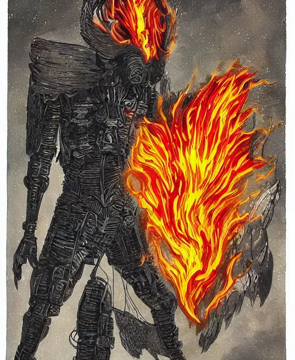 Image similar to a tarot card intricate of a fiery angel in a futuristic battle suit pointing directly at the viewer