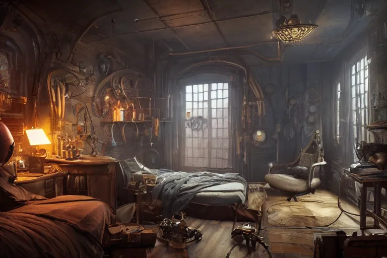 Image similar to Interior of a steampunk bedroom, 3d scene, render, ultra realistic, zenith view, Greg Rutkowski, artstation, cgsociety, level design, unreal engine alien whale flying over a steampunk city, 3d scene, render, ultra realistic, zenith view, Enki Bilal style