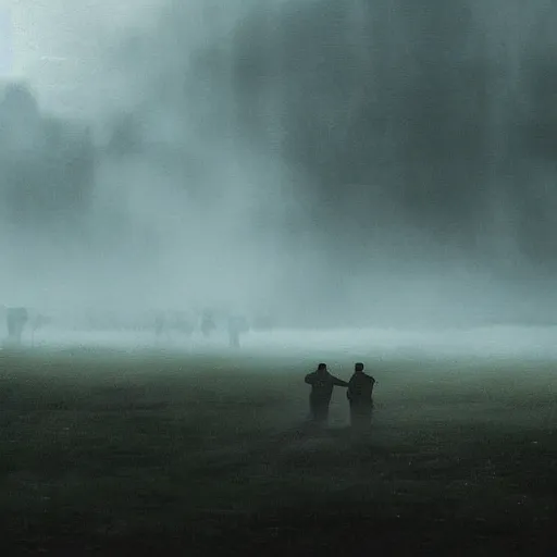 Image similar to beautiful misty landscape with dark figures playing cellos