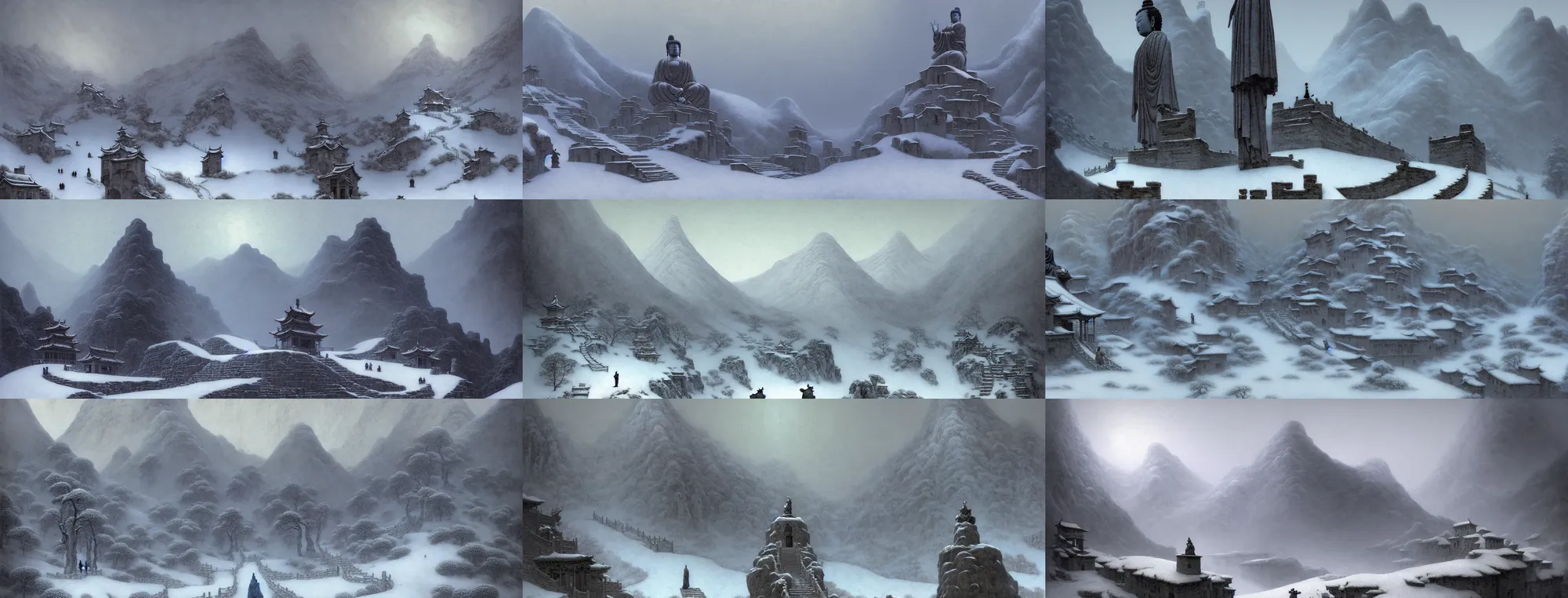 Image similar to a gorgeous bleak snowy landscape painting by barlowe wayne, maxfield parrish, gustave dore and marco mazzoni. a lonnely huge chinese buddha statue. china mountain village. grey blue and very little light verdancy. the winding stone steps. ultra clear detailed. 3 d, octane render. turbulent blood lake.