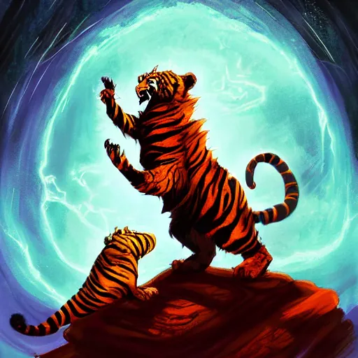 Prompt: A Wizard battling a Tiger by R.J. Palmer; by Anato Finnstark