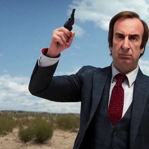 Image similar to saul goodman pointing a revolver at the camera