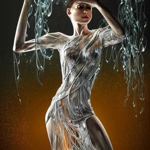 Image similar to a highly detailed ethereal full body, digital image of a elegantly posed dancing futuristic woman beautifully intertwined in realistic chrome foliage dress liquid like water, full body shot, by Andrew Chiampo, artstation, and Frederik Heyman, extremely detailed woman, stunning volumetric lighting, hyper realism, fantasy, intricate detail, 4k,