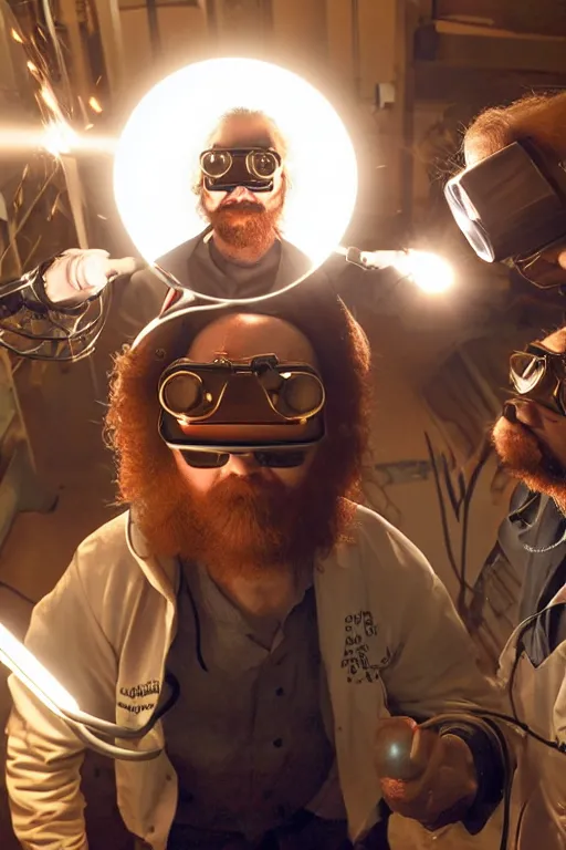 Image similar to a person with 3 eyes, person with a 3rd eye in the middle of their forehead, an awkwardly tall scientist with 3 eyes and a tangled beard and unruly red hair atop his balding head wearing a headlamp a labcoat and welding goggles and holding a beaker, led headlamp, high resolution film still, movie by Ivan Reitman