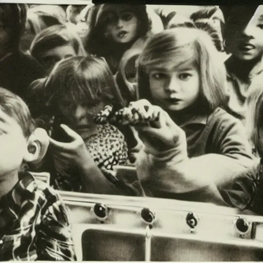 Prompt: hedgehogs on a schoolbus, photo, 1 9 6 0 s psychedelic