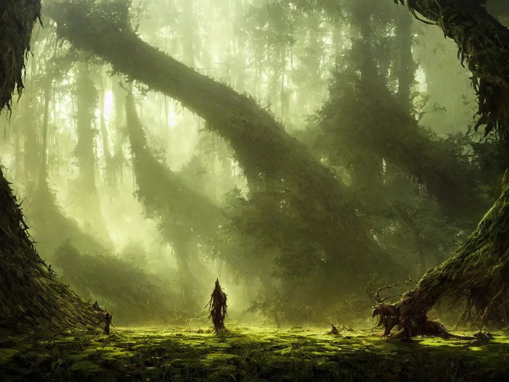 Image similar to a walking druid abomination, heavily forested, overgrown trees, beautiful lighting, beautiful landscape beautifully designed character, award winning collaborative painting by geg ruthowski, alphonse murac, craig mullins, ruan jia, wlop, yoji shinkawa, collaborative artwork, exquisitely high quality and detailed, overwhelmingly favorited by critics, game wallpaper