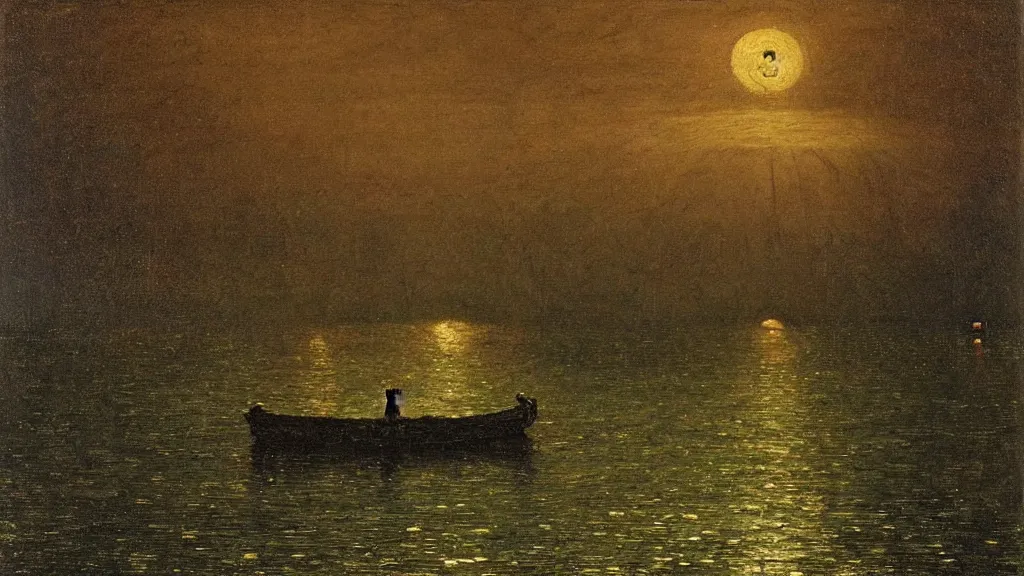 Image similar to an anglo - saxon funerary barge sailing in the middle of a lake, midnight, greenish moonlight, haunted, close up, in the style of john atkinson grimshaw, john william waterhouse, oil on canvas