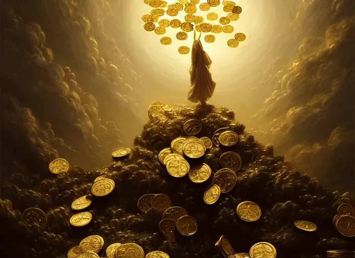 Image similar to heaven, gold coins raining down from heaven, beautifully, fantasy, dramatic, intricate, elegant, highly detailed, digital painting, artstation, concept art, smooth, sharp focus, illustration, art by Gustave Dore, octane render
