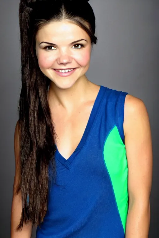 Image similar to fantasy character photo. facial expression of manic obsessive love. danielle campbell. black hair in ponytail. bright blue eyes. tall, lanky, athletic, wiry, slightly muscular. sleeveless light green dress. gleefully telling a bs story full of lies