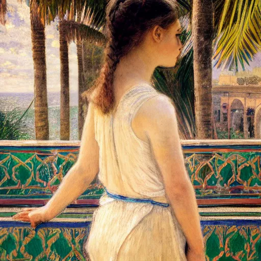 Image similar to a ultradetailed beautiful painting of a girl in the amazonas palace balustrade designed by jules bastien - lepage, hans belmer, frank weston and gustave baumann, beach, trending on artstation, mediterranean, palm trees, refracted color sparkles, sharp focus, soft light, 8 k 4 k