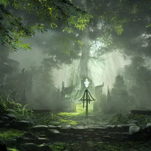 Image similar to a mirrored portrait of a legendary samurai in a mystical overgrown haunted ancient crypt with a gateway to hell in a beautiful forest rays of light 4k digital art unreal engine trending on artstation