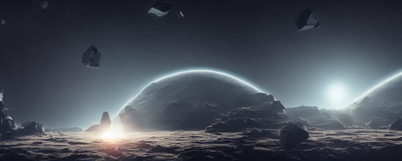 Prompt: movie still, space panorama with angular minimalist obsidian monoliths floating in space, cell automata, unreal engine, octane render, detailed and intricate, cloudy, global illumination, volumetric lighting, hubble telescope images, james webb telescope images, detailed and intricate environment, color graded