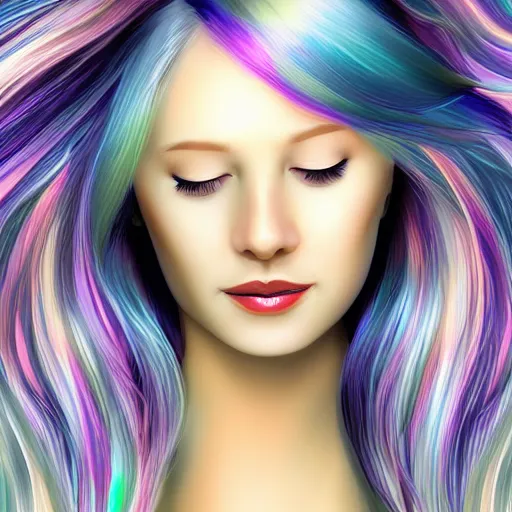 Image similar to portrait of a beautiful woman with iridescent translucent hair, her eyes are closed, hair is floating, digital art, ethereal