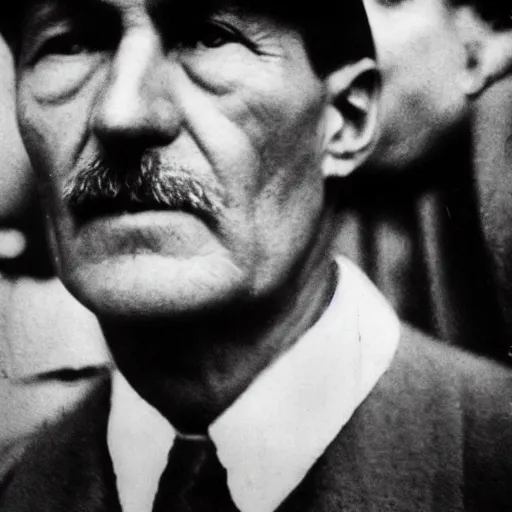 Image similar to close - up portrait of ataturk at the salvation war with many soldiers behind photographed by ara guler