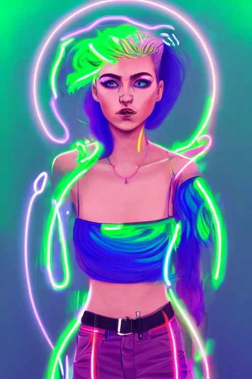 Image similar to a award winning portrait of a beautiful woman with stunning eyes in a one off shoulder crop top and cargo pants with rainbow colored hair, outlined by whirling illuminated neon lines and fine lines swirling in circles by greg tocchini, digital art, trending on artstation