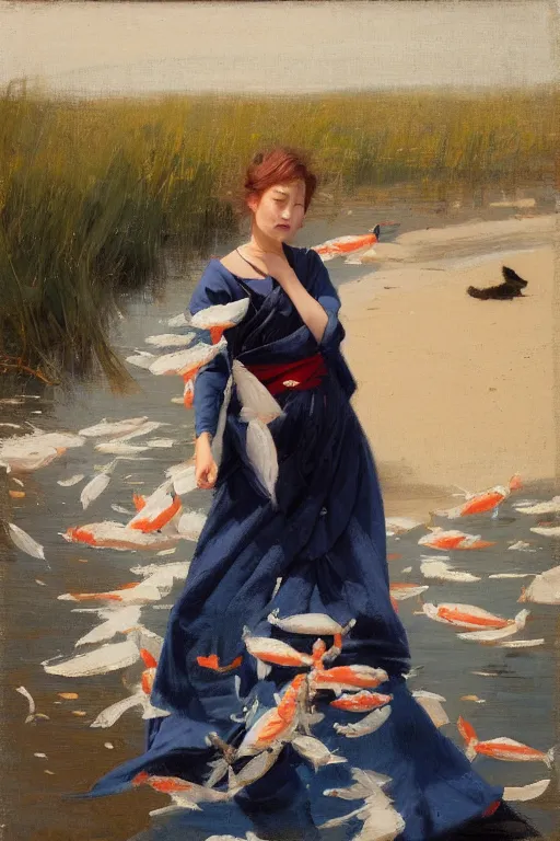 Image similar to wind, koi, kimono, beach, fabric blowing in the wind, sunlight, jeremy lipking, joseph todorovitch