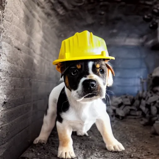 Prompt: puppy working in a coal mine, wearing hard hat, cctv footage,