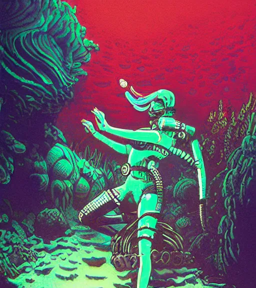 Image similar to a cyberpunk diver Polynesian woman swims through a dark bioluminescent alien coral reef, techwear, Industrial Scifi, detailed illustration, character portrait, by Martin Grip and Moebius