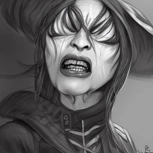 Image similar to detailed drawing of a pissed off witch by serge birault