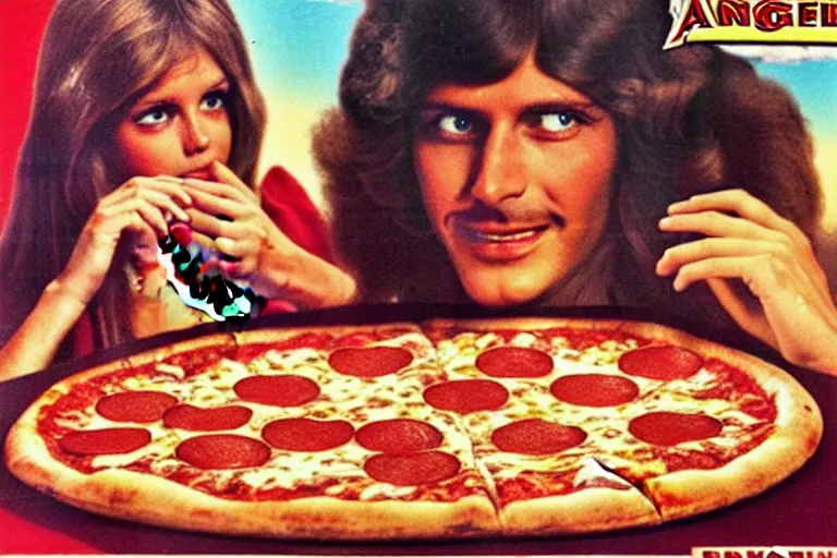 Image similar to 70s, angels, pizza, advertisement