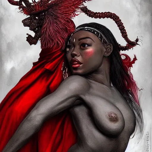 Image similar to a photograpic portrait of a black man dancing with a female devil wearing red clothes, Dark souls themed, fantasy, intricate, elegant, highly detailed, digital painting, artstation, concept art, smooth, sharp focus, illustration, art by artgerm and H R Giger and alphonse mucha