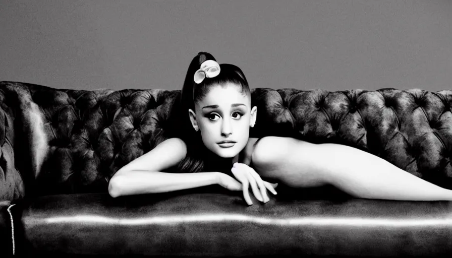 Image similar to award winning photo of Ariana Grande laying on a chesterfield lounge, symmetrical face, beautiful eyes, studio lighting, wide shot art by Sally Mann & Arnold Newman