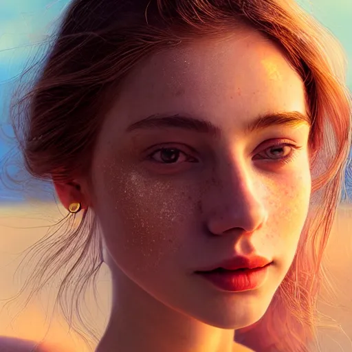 Image similar to beautiful serene intricate portrait of a cute thin young woman, red blush, cute freckles, smug smile, modern clothes, relaxing on the beach, golden hour, close up shot, soft focus, 8 k, art by irakli nadar, hyperrealism, hyperdetailed, ultra realistic