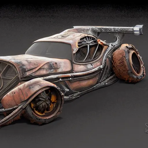 Image similar to full view of a car from WETA Workshop, some art style from Bruce Kaiser and Scott Robertson and Jon Sibal