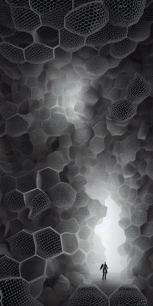 Image similar to a 3 d render of two anthropomorphic figures, made of an honeycomb organic pattern of transparent crystal, surrounded by fog, on a dark background, depth of field, dramatic, gritty, by etienne - louis boullee and frank gehry, hyper realistic, 4 k, unreal engine, ray tracing, trending on artstation