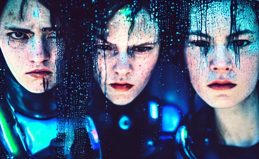 Prompt: cinestill 5 0 d candid action photographic portrait by quentin tarantino of two loving female androids wearing rugged black mesh techwear in treacherous waters, extreme closeup, modern cyberpunk retrofuturism moody emotional cinematic, pouring iridescent rain, 8 k, hd, high resolution, 3 5 mm, f / 3 2, motion blur, ultra realistic faces, ex machina