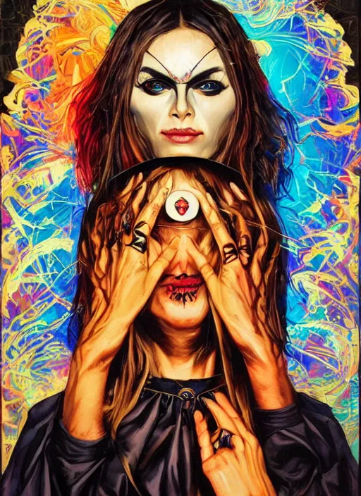 Prompt: gorgeous magic cult psychic woman smiling, third eye, subjective consciousness psychedelic, epic surrealism expressionism symbolism, story telling, iconic, dark robed, oil painting, symmetrical face, dark myth mythos, by Sandra Chevrier, Noriyoshi Ohrai masterpiece