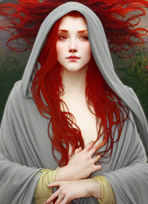 Image similar to beautiful young woman with long red hair watches the sunrise while wearing a grey cloak and hood, path traced, highly detailed, high quality, digital painting, by alphonse mucha, disney