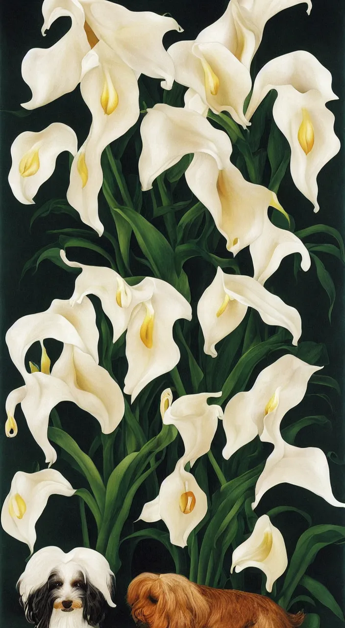 Prompt: portrait of a cream colored havanese dog with calla lillies, mexico, painting by diego rivera realism 1 9 3 5