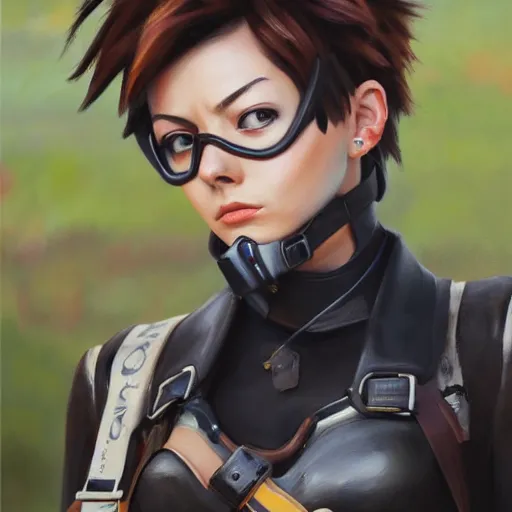 Image similar to oil painting of tracer overwatch in a field wearing very large black leather belt choker collar around neck, in style of mark arian, expressive face, very detailed face, very detailed eyes, belt around neck, full body, feminine face, tracer overwatch,