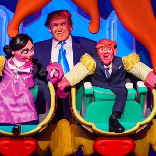 Prompt: three child puppets inside the its a small world ride at disneyland that look like greg abbott in a wheelchair and donald trump and ron desantis, highly detailed, high definition, ultra realistic
