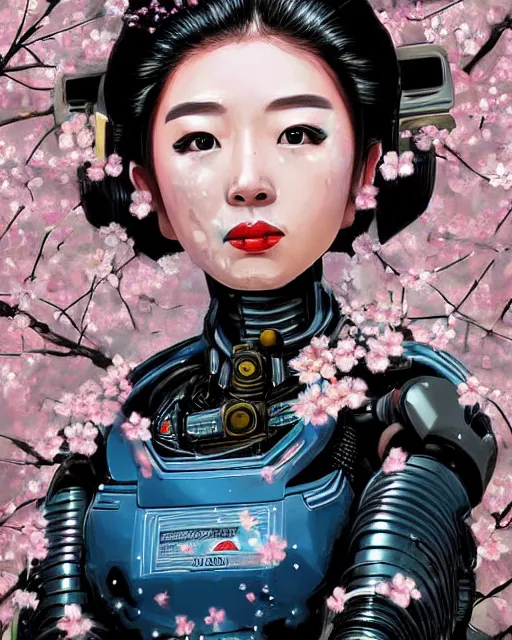 Image similar to an epic fantastic realism comic book style portrait painting of a japanese robotic geisha, cherry blossom rain everywhere, apex legends,
