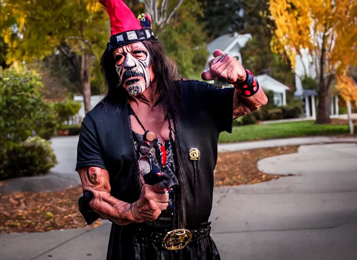 Image similar to dslr photo still of danny trejo trick or treating on halloween, 4 k, 1 2 0 mm f 1 6